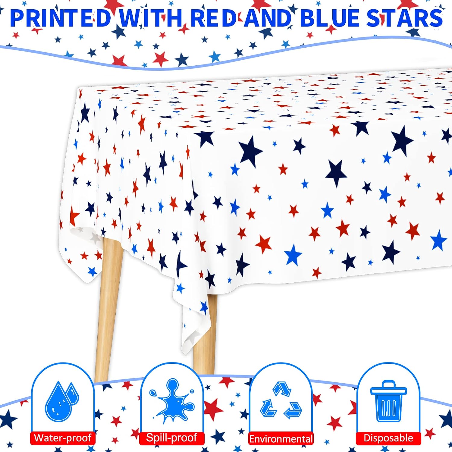DYLIVeS 4th of July Patriotic Party Tablecloth, American Blue and Red Stars Disposable Plastic Tablecover for Memorial Day Veteran Independence Day Decorations for Holiday Birthday Picnic Party, 3Pcs