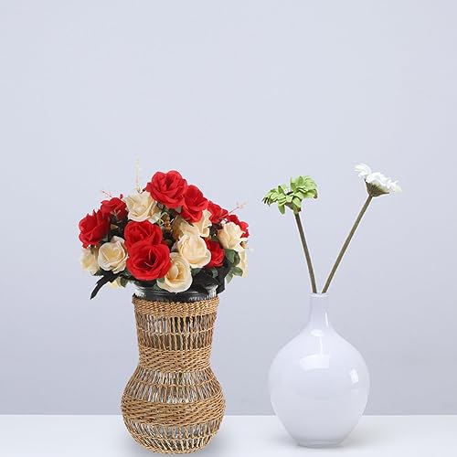 Miniatura 6 de HOMSFOU Maceta rústica de vidrio náutico, florero vintage con cubierta tejida de ratán, maceta de granja, jarrón hidropónico costero, centro de mesa