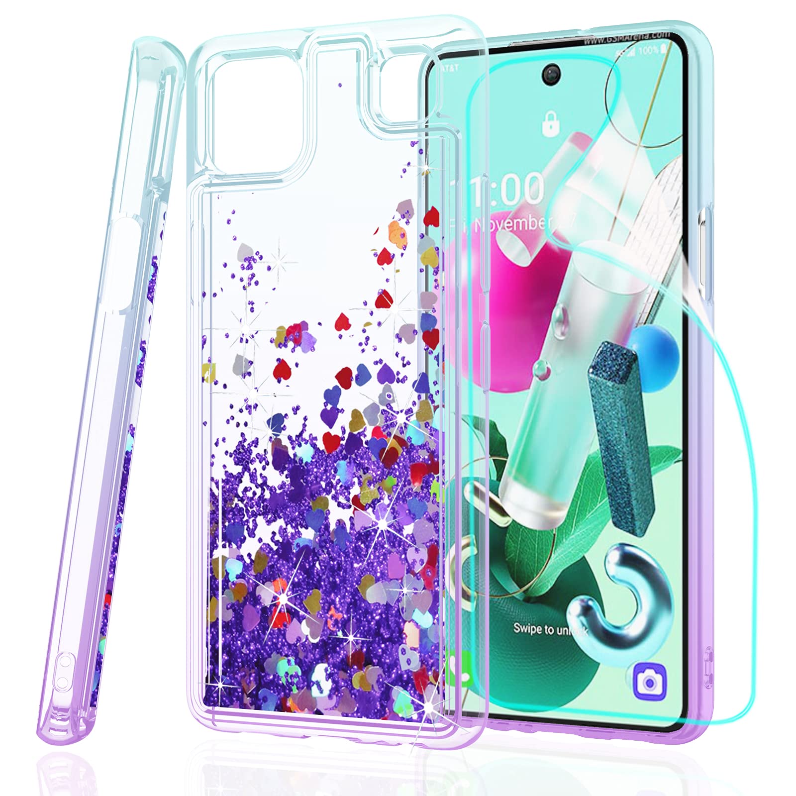 ZingCon Compatible for LG K92 5G Phone Case,[HD Screen Protector] Heavy Duty Shockproof Glitter Waterfall Quicksand Protective Case for K92 5G-Lake/Purple