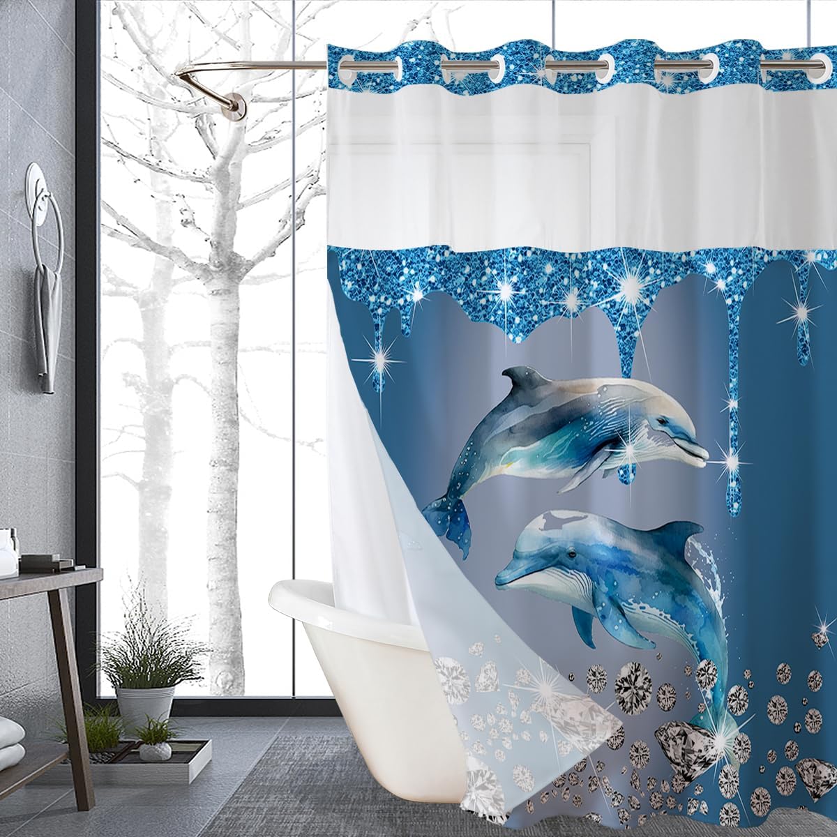 No Hook Diamond Dolphin Shower Curtain with Snap in Fabric Liner Set, Luxury Modern Hotel Style, See Through Mesh Top Window, 74" L x 71" W