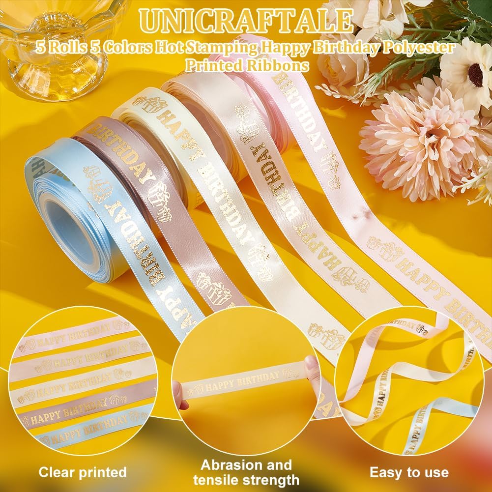 PH PandaHall 50 Yards Happy Birthday Ribbon 5 Colors 0.8 inch Gift Wrapping Ribbon Birthday Cake Ribbon Polyester Printed Ribbons for Party Festival Art Craft Flowers Bouquet Decor Bow Making - Image 4