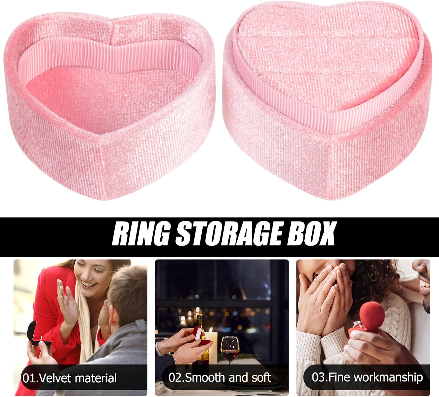 Zerodeko Vintage Soft Fabric Pink Heart-shaped Engagement Ring Box Wedding Double Ring Organizer Jewelry Case for Wedding Party Supply image 3