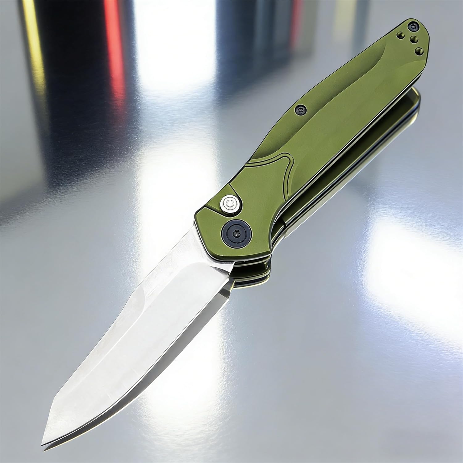 7.7" EDC Folding Knife with D2 Steel Blade, Green Aluminum Handle, Pocket Knife with Reversible Clip for Outdoor, Camping, Fishing。