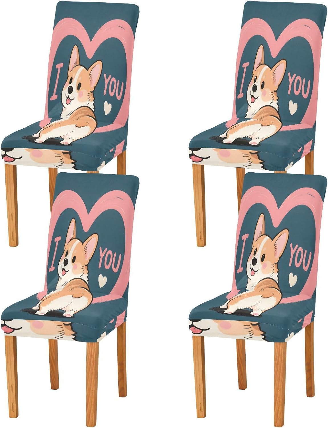 ALAZA Chair Covers for Dining Room, Cute Corgi Pink Heart Stretch Chair Cover Sets Chair Protector Removable Washable for Ktichen Restaurant Hotel