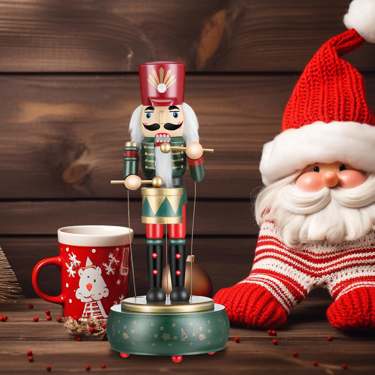 NUOBESTY Nussknacker Figur mit Muscheluhr Weihnachtsdeko aus Holz für Tischdekoration Spielzeugsoldaten Kaminzierate