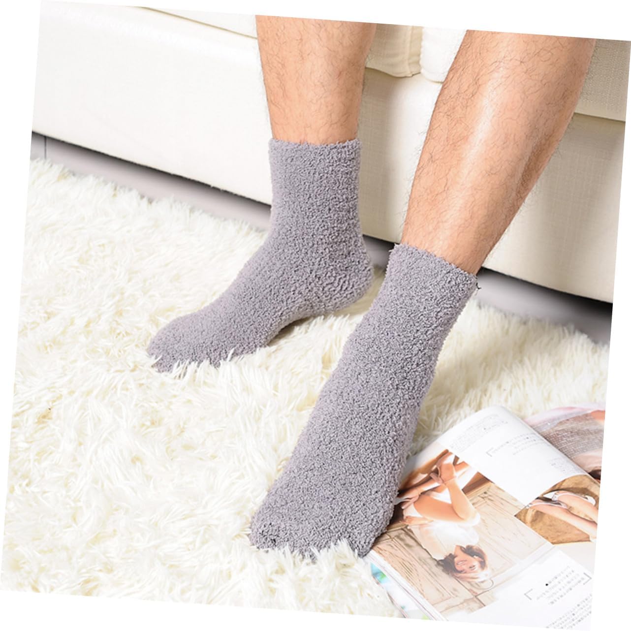 3 Pairs Fluffy Thick Coral Fleece Slipper Socks for Men Warm Winter Sleeping Socks Soft Cozy Home Stockings Grey Comfortable Above-ankle Fit Breathable Plush for Casual and Use