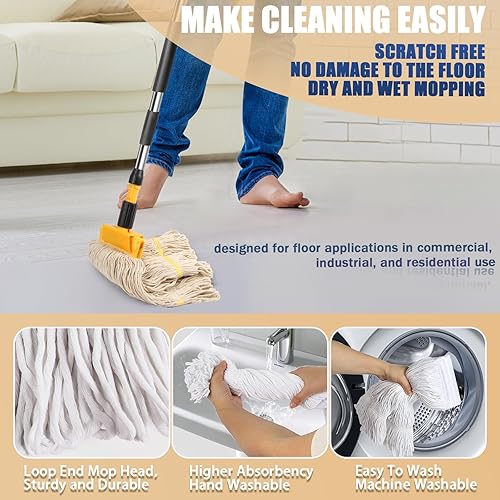Miniatura 5 de Paquete de 2 cabezales de repuesto de trapeador industrial de algodón industrial de 20 onzas con mango largo, recambios de trapeador húmedo de