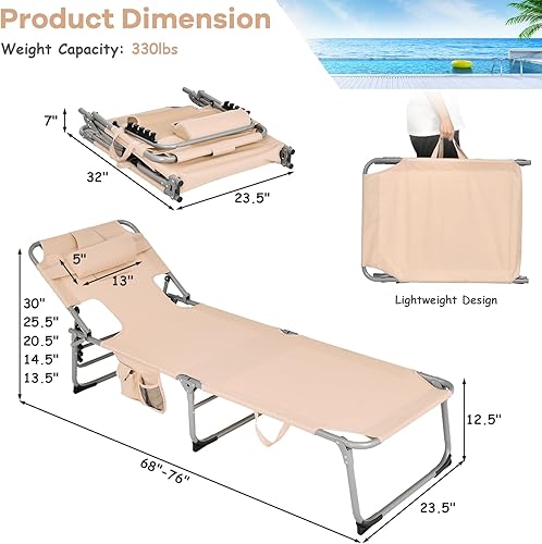 Miniatura 3 de GYMAX Silla bronceadora, tumbona de playa plegable con agujero para el brazo facial, respaldo ajustable, bolsillo lateral, almohada y asa de