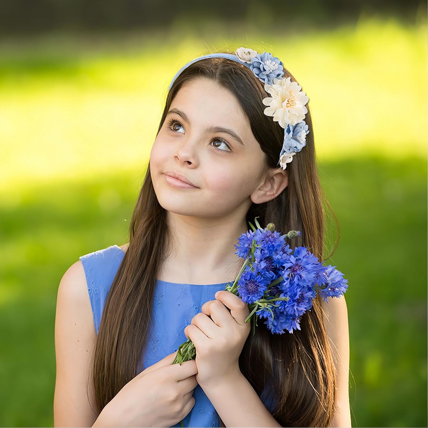 Flower Headband Spring Summer Hair Accessories for Women Girls, Blue White Rose Flowers Hair Bands Pearls Elegant Decoration Headdress Party Wedding Supplies Non Slip Head Band 1 Pcs image 2