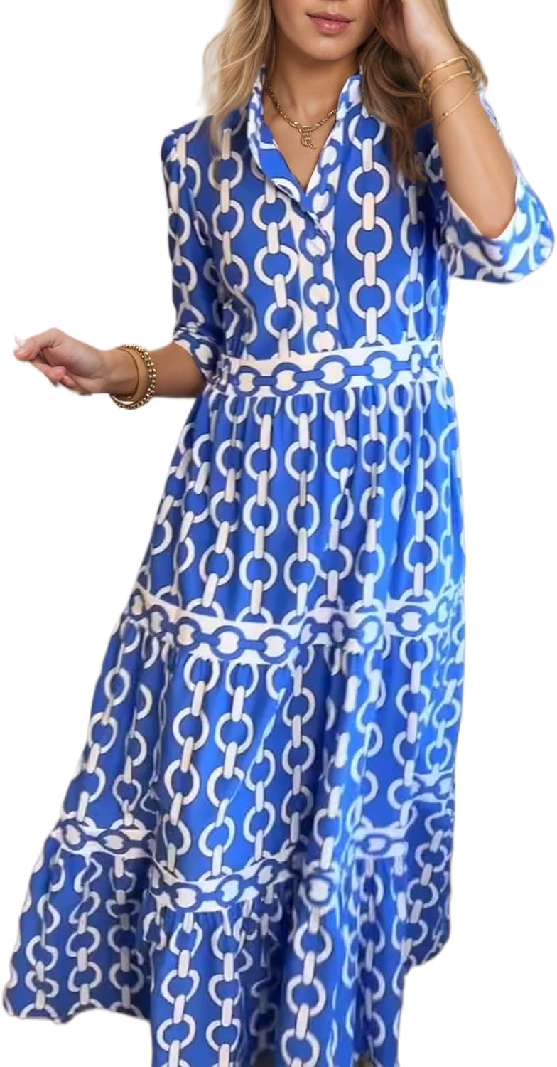 Akivide Women's Boho Printed Lapel 3/4 Sleeve Dress Summer Casual Loose Flowy Elegant Beach Vacation Maxi Dress