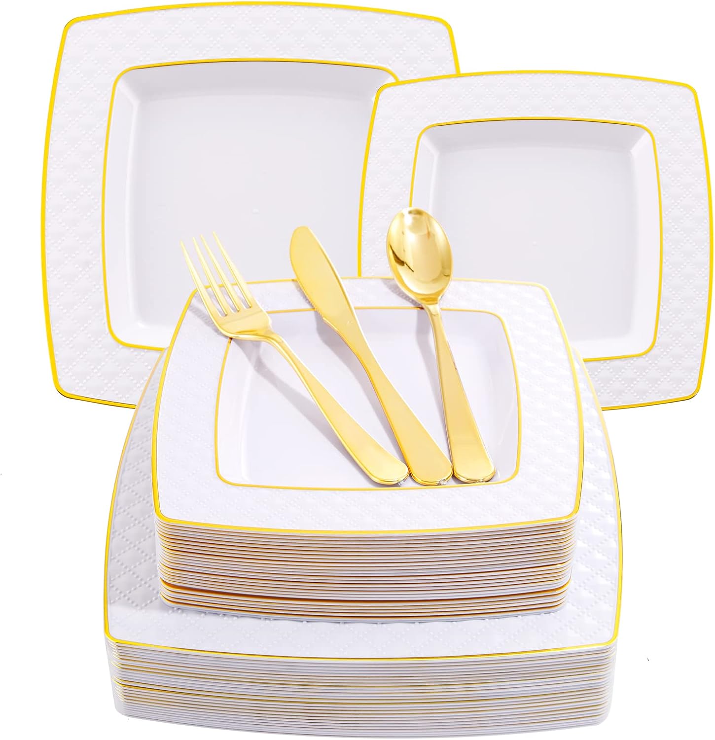 Supernal 125 Pcs Gold Plastic Plates, Gold Square Plates with Diamond Design,Gold Plastic Silverware, Includes: 25 Dinner Plates, 25 Salad Plates, 25 Knives, 25 Forks, 25 Spoons,Suit for Mothers Day