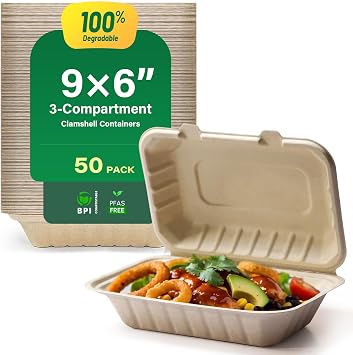 yoyomax 100% Compostable To Go Food Containers with Lids - Heavy-Duty Quality. Made from Natural Sugar Cane Fibers, Eco-Friendly & Biodegradable.[9X6, 50-Pack]