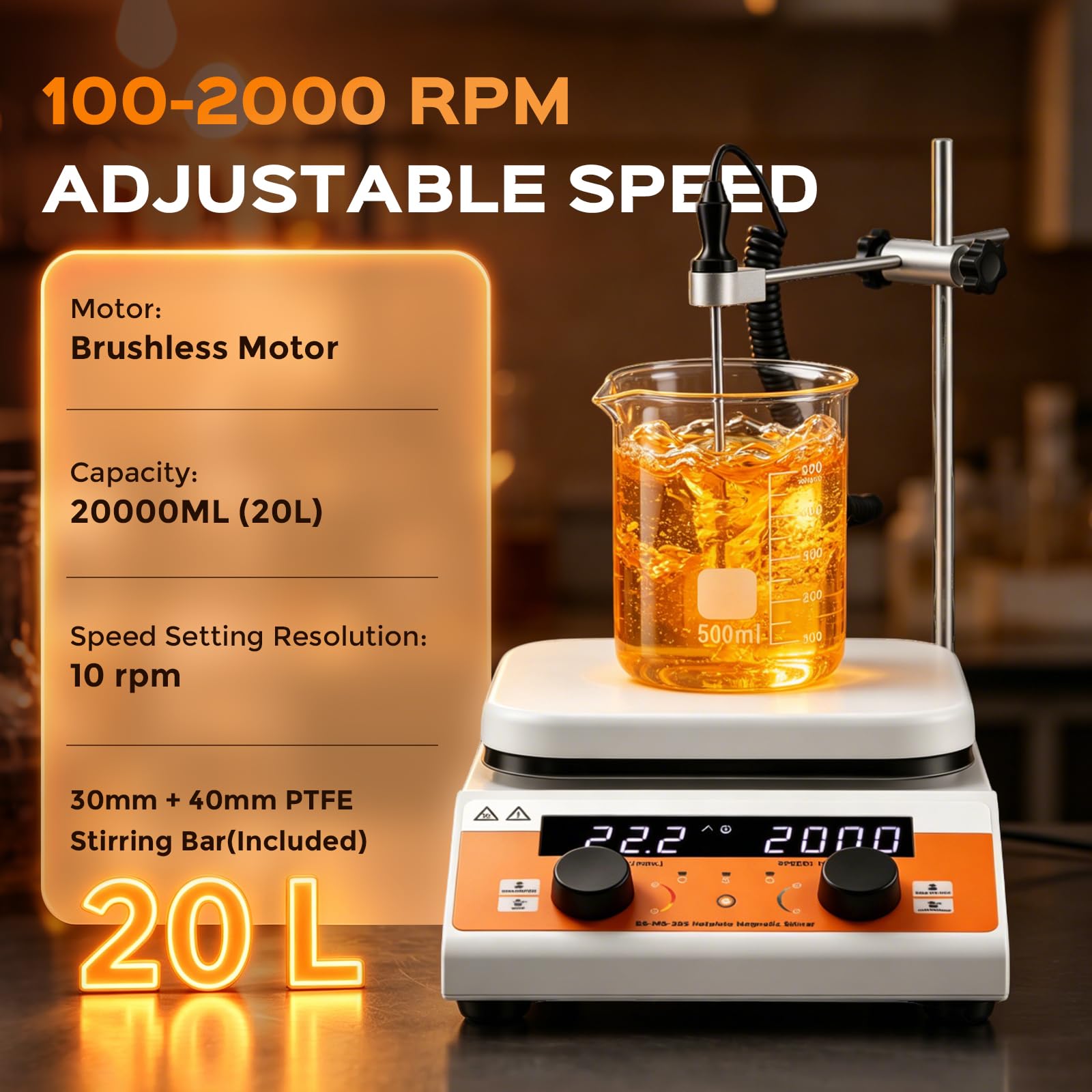 Bonvoisin Magnetrührer-Heizplatte 20L, 350°C Digitaler Labor-Mischer mit 800W Heizleistung und 180mm Keramik-Heizplatte, 100-2000 U/min, Timer, Automatische Richtungsumkehr, mit 2 Rührstäben und Stati