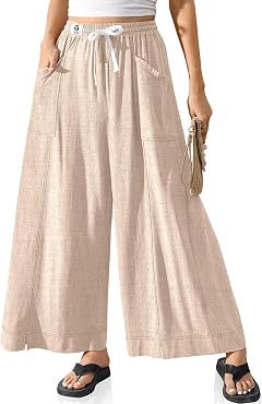 TARSE Women Linen Wide Leg Pants Casual Loose Baggy Palazzo Drawstring Summer Vacation Beach Travel Comfy Lounge Pants