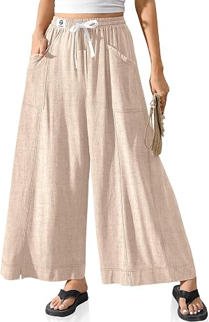 TARSE Women Linen Wide Leg Pants Casual Loose Baggy Palazzo Drawstring Summer Vacation Beach Travel Comfy Lounge Pants