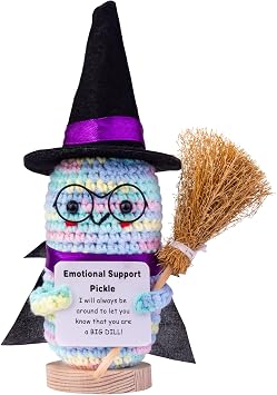 Halloween Emotional Support Cucumber, Cute Knitted Crochet Doll with Witch Hat Toy Halloween Decoration Gifts