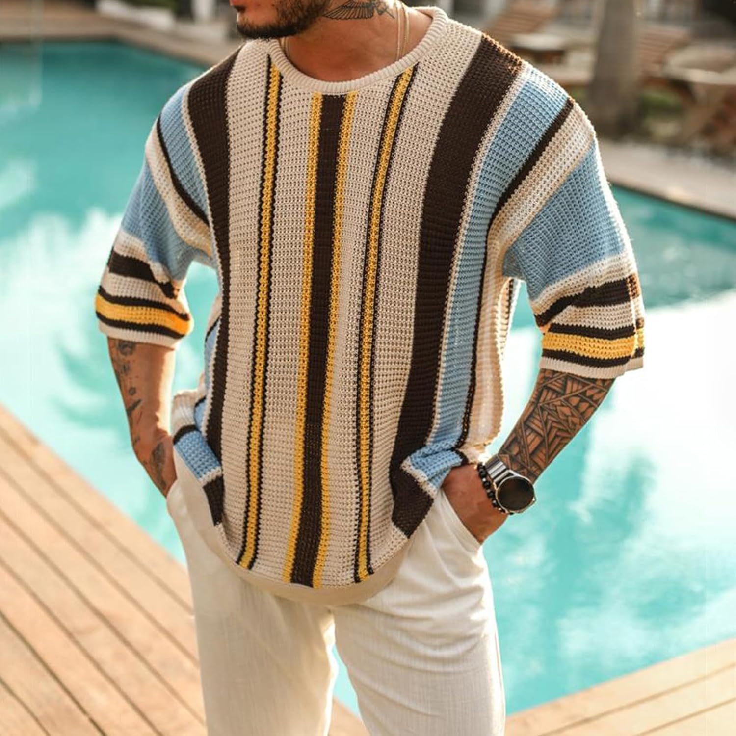 Ymosrh Men's Shirt Summer Casual 3/4 Sleeve Mesh T-Shirt Round Neck Shirts T Fashion Casual, S-3XL