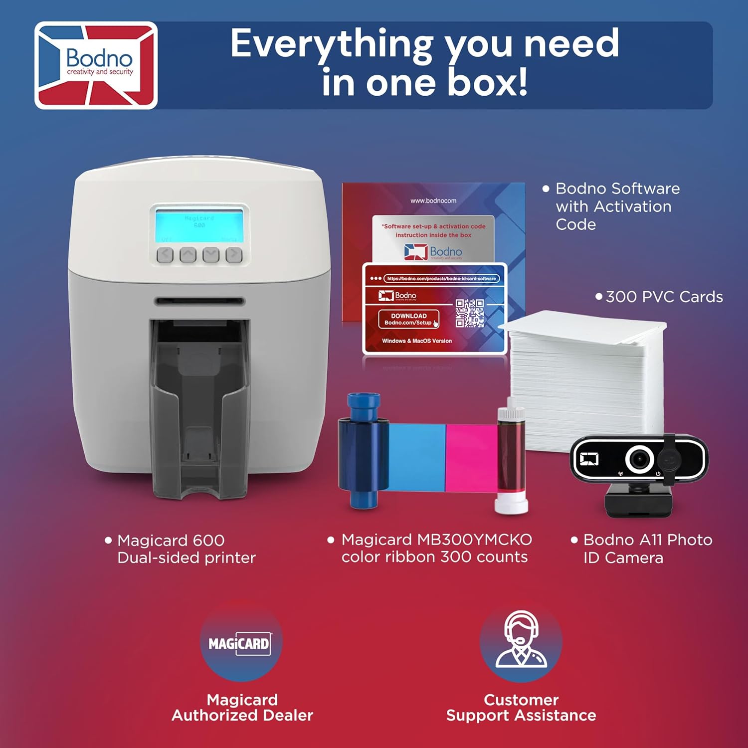 Bodno Magicard 600 Dual Sided ID Card Printer & Complete Supplies Package ID Software - Silver Edition