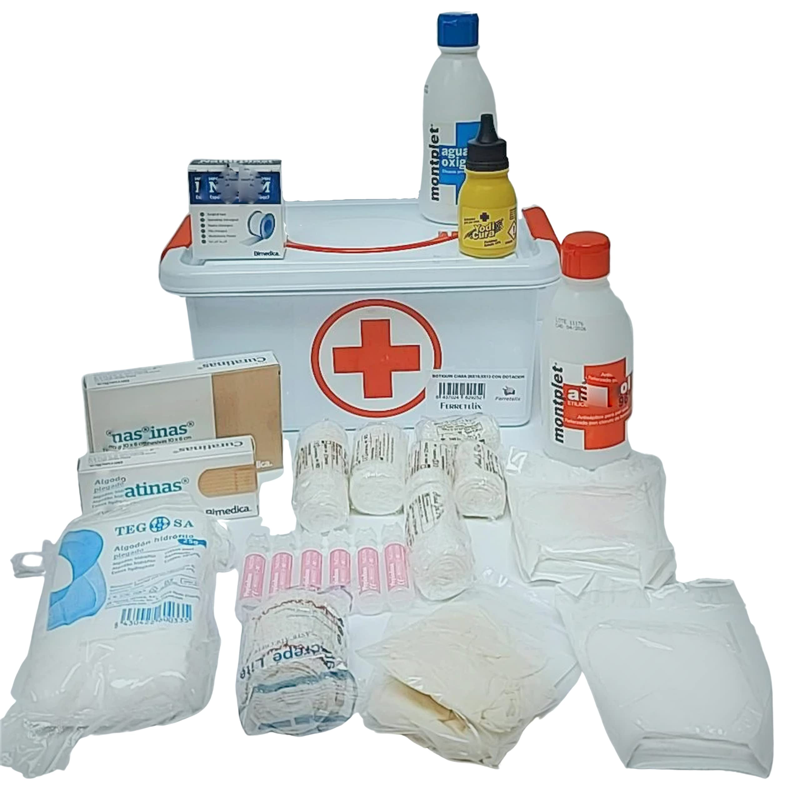 Farmalix Botiquin caja primeros auxilios con tapa 4 litros medidas: 28cmx19cmx13cm equipado con varios artículos para realizar las primeras curas en caso de emergencia