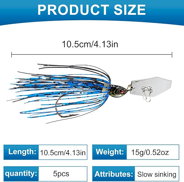 5 Piece chatterbait Artificial Bait Set, 15g chatterbait Pike, Perch Bait, chatterbaits, Artificial Bait for Predator Fishing (Hook Size 3/0) - 2