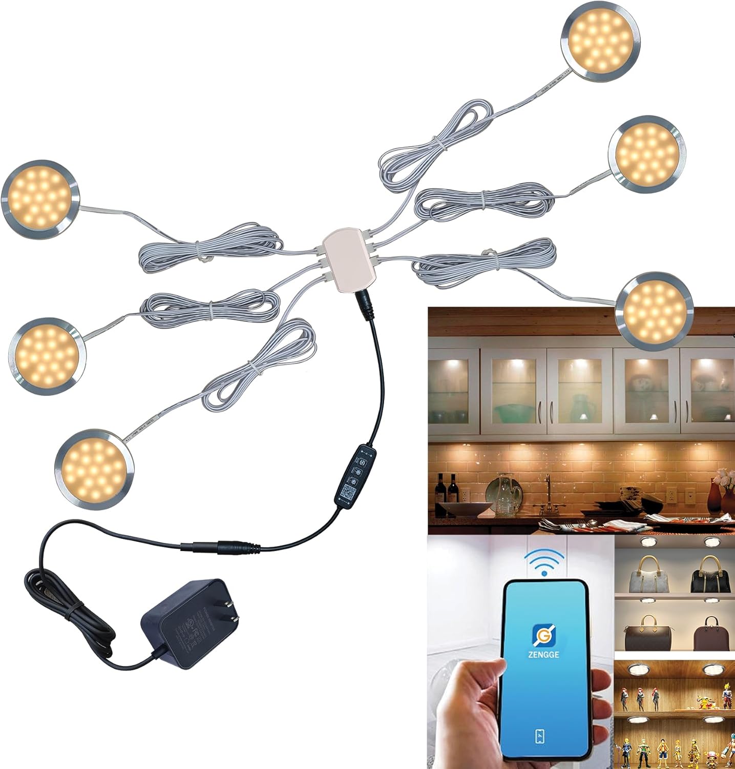 Puck Lights Bluetooth APP Smart Control Dimmable Tact Switch Under Cabinet Light Cabinet Lighting Cabinet Lights DC 12V Adaptor (Silver, Warm White, 10Pack)