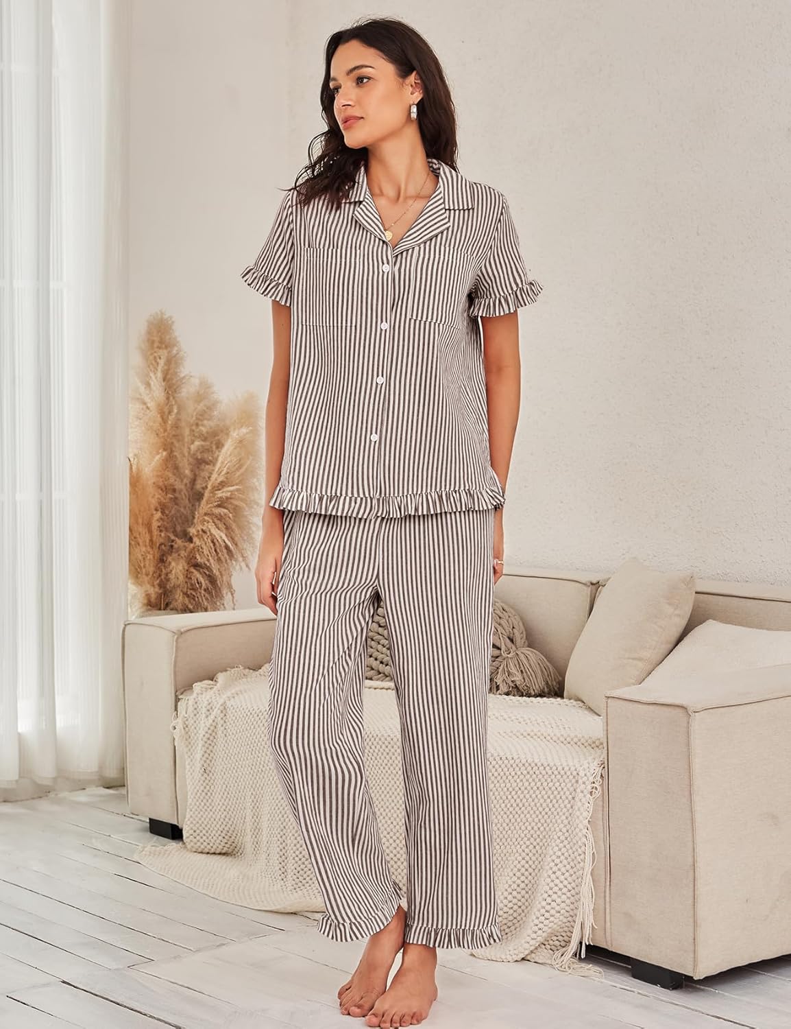 Flygo Womens Striped Pajama Sets Cotton Button Down Sleepwear Short Sleeve Top Long Ruffle Pants 2 Piece Pjs Loungewear Sets