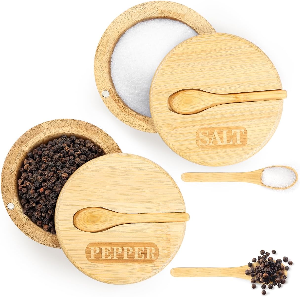Salt and Pepper Pots with Magnetic Swivel Lid and Spoon, Bamboo Round Pepper Bowl and Salt Box, 5oz Salt Cellar Kitchen Seasoning Storage Container for Salt, Pepper, Sugar, Spice