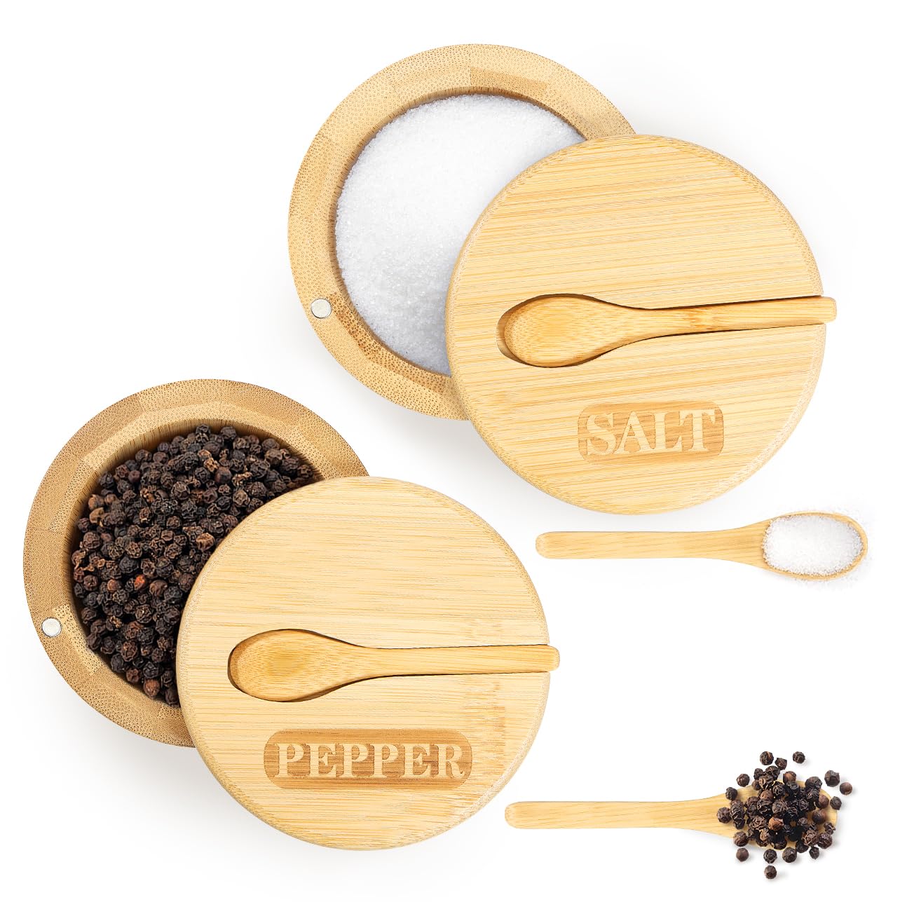 Salt and Pepper Pots with Magnetic Swivel Lid and Spoon, Bamboo Round Pepper Bowl and Salt Box, 5oz Salt Cellar Kitchen Seasoning Storage Container for Salt, Pepper, Sugar, Spice