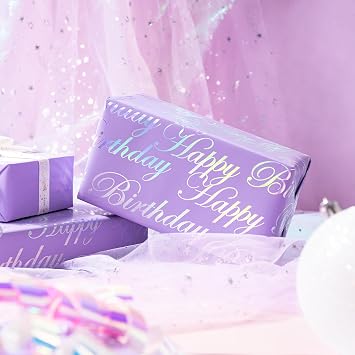 WRAPAHOLIC Reversible Birthday Wrapping Paper - Mini Roll - 17 Inch x 9.8 Feet - Puprle and Silver Foil Happy Birthday Wrapping Paper for Girls, Women, Kids, Baby Shower