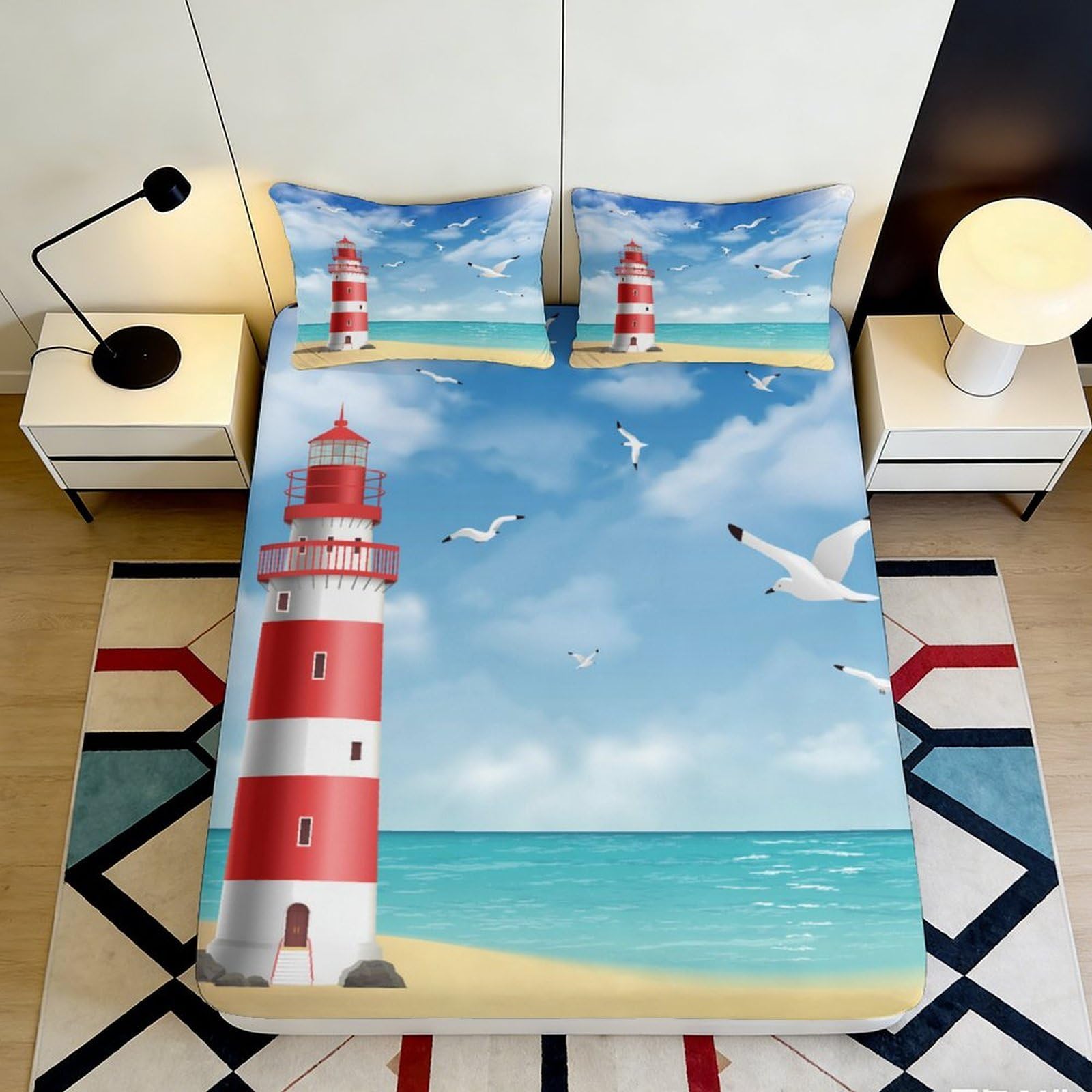 3D Printed Lighthouse Seaside Fitted Sheet Microfiber Anti-Slip Beach Ocean Mattress Cover Bedroom Decor 120x200cm 140x200x25cm