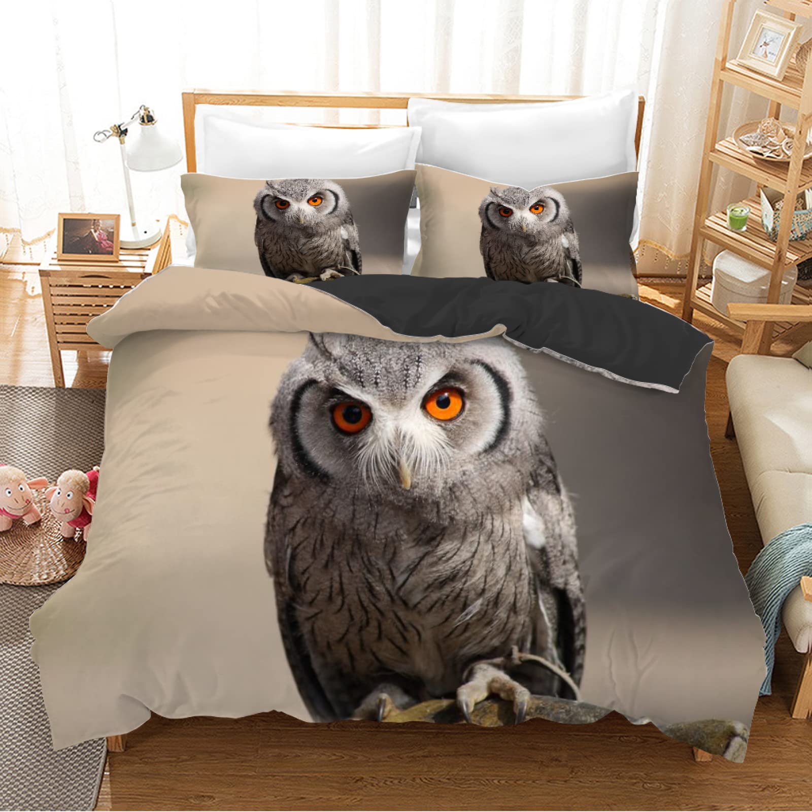 Housse de couette 240 x 260 hibou gris en parure de lit microfibre premium