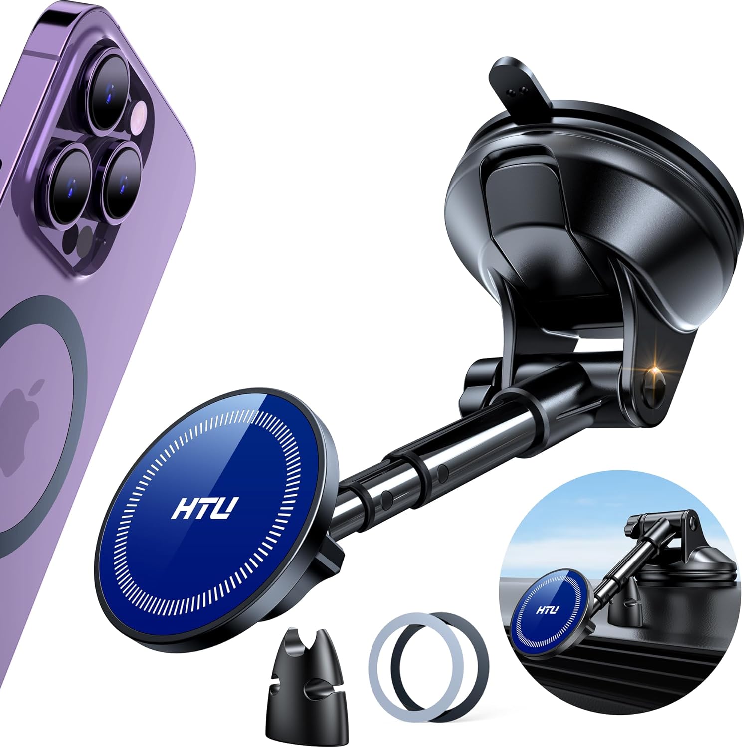 2025 Upgraded for Magsafe Car Mount【80LBS Strongest Suction & Military-Grade】HTU Handsfree Powerful Magnetic Cell Phone Holder for Car Dashboard Windshield for iPhone 16 15 14 Pro Max Mini (Dark Blue)