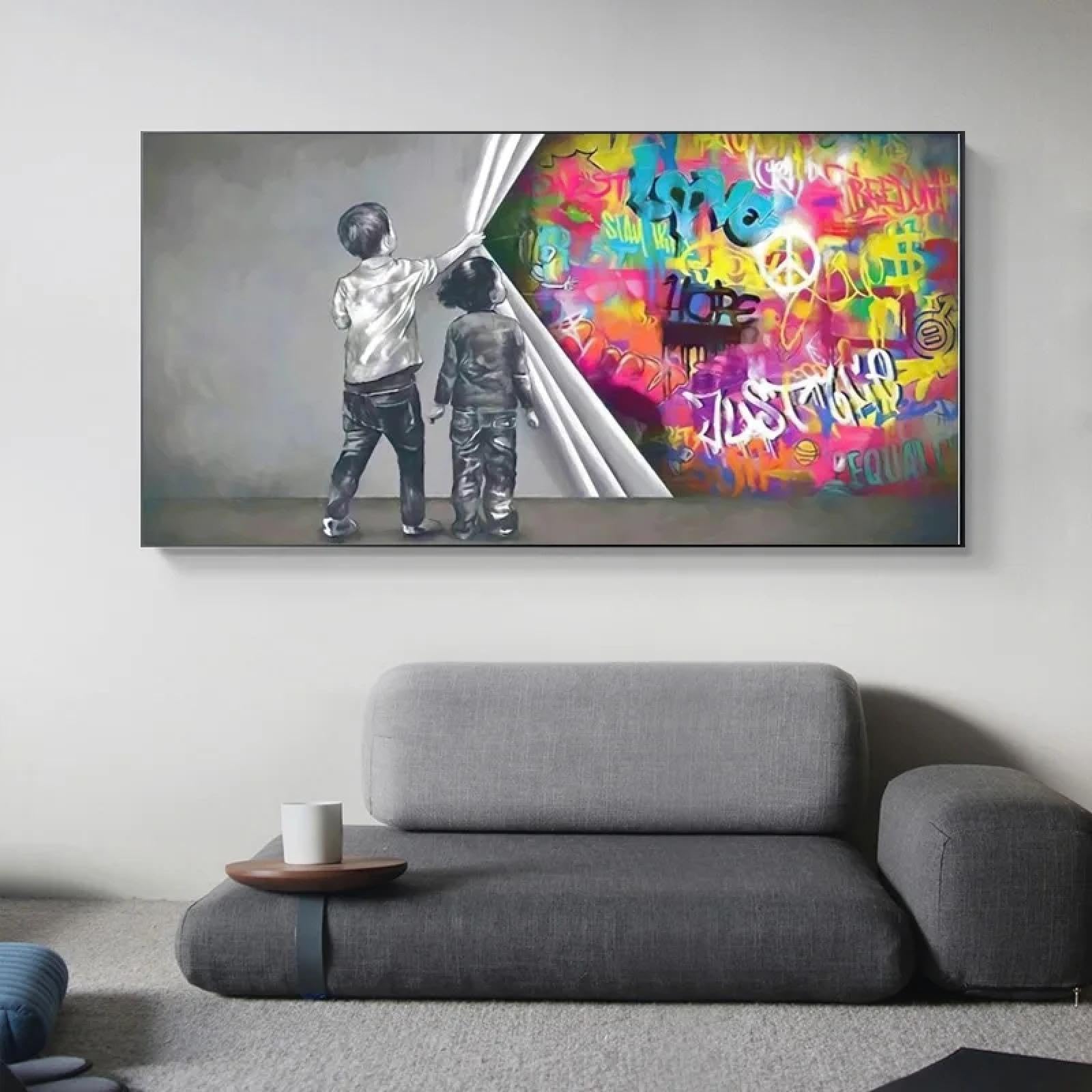 Peinture décorative graffiti abstrait et cadre noir grand format 75x150 cm
