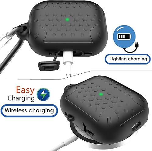 Miniatura 4 de Funda impermeable para AirPods Pro de 2 generación, funda protectora de silicona antipérdida, carga inalámbrica y LED visible, con mosquetón (negro