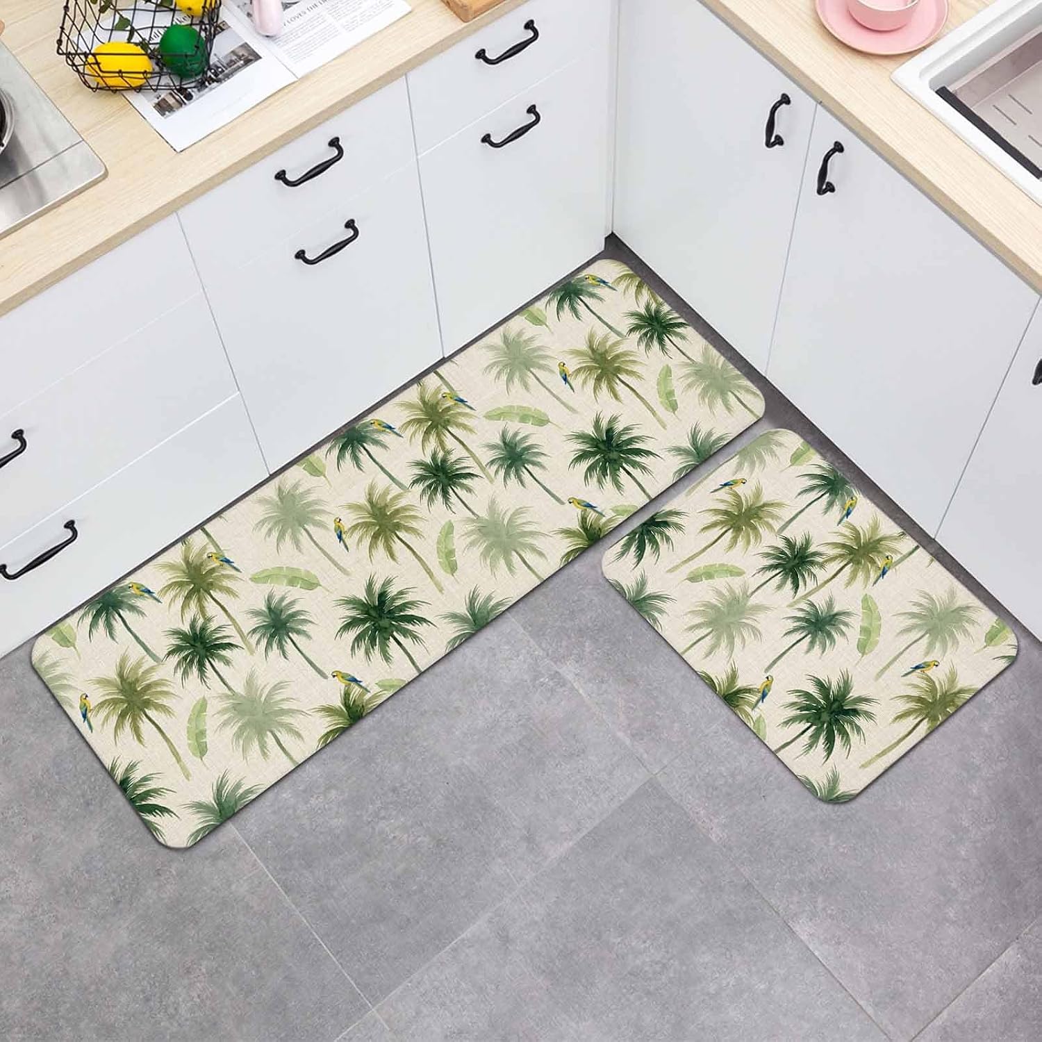 Prime Leader Summer Palm Tree Parrot Kitchen Mat Set 2 Pieces Tropical Green Leaf Bird Retro Non Slip Kitchen Rugs Washable Runner Rug Mats for Floor Sink Laundry Office 23.6" x 35.4"+23.6" x 70.9"