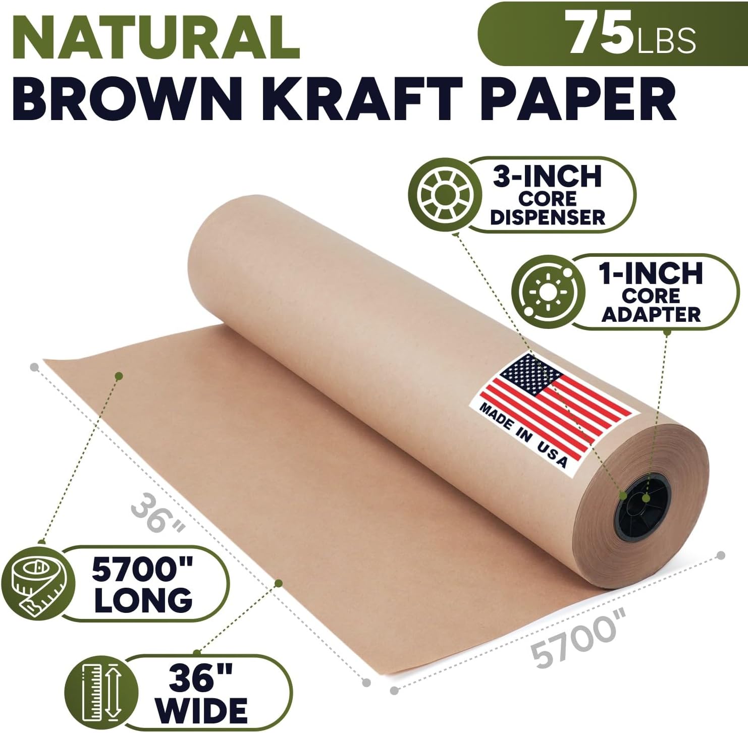 Natural Brown Kraft Packing Paper Roll, 36" x 5700" (475 feet), 75 Lb Extra Heavy-Duty (Grocery Bag Grade) – Made in USA Large Size Roll of Brown Wrapping Paper, 3-inch Core – for Packaging, Shipping