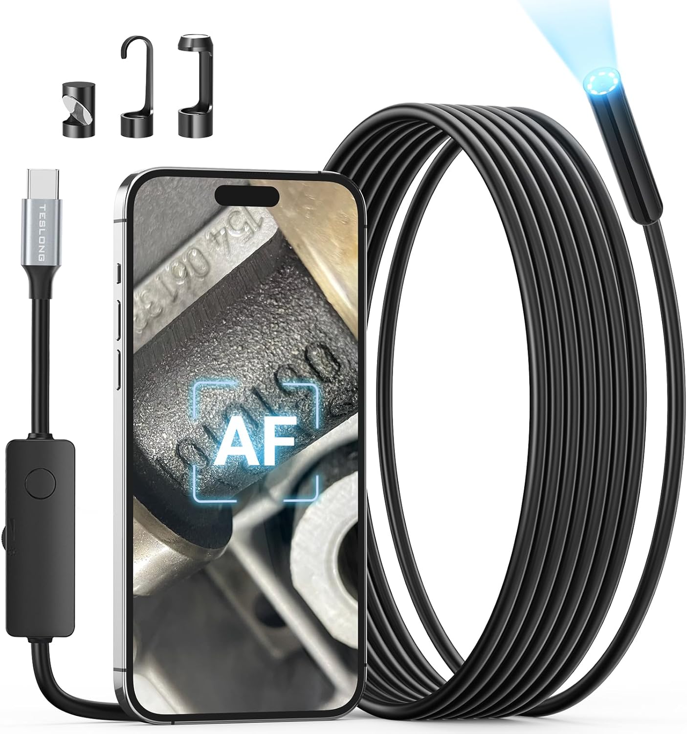 Teslong 2.0MP HD AF Auto Focus Borescope, 16.5ft Flexible Endoscope with Adjustable Lights, USB-C Inspection Camera for Plumbing, Automotive, Wall, for iPhone 15/16 & Android, Long Focus & Autofocus