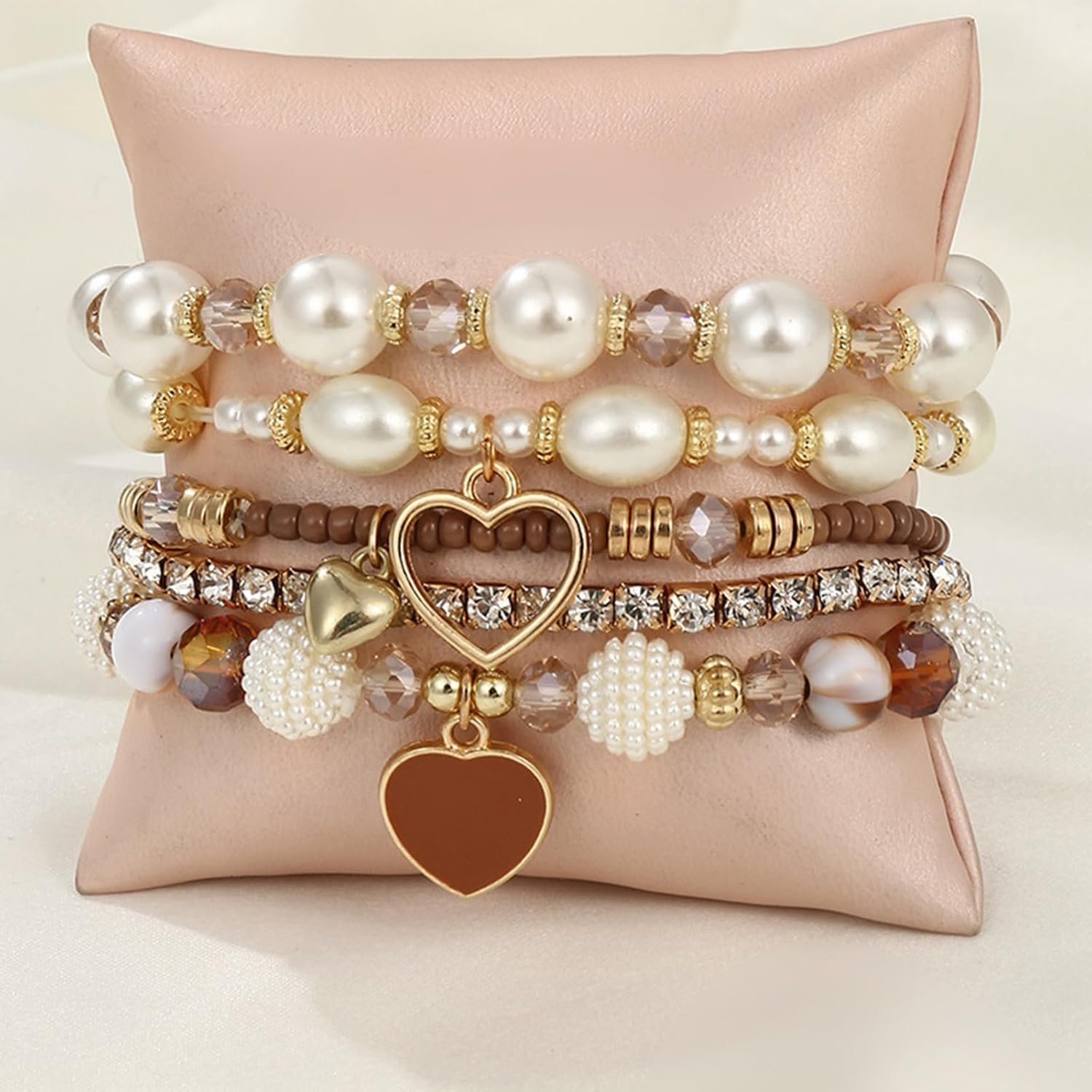 Bohemian Multilayered Faux Pearl Beaded Heart Pendant Crystal Zircon Stackable Multicolor Bracelets Set for Women Handmade Friendship Summer Beach Stretch Bangle Jewelry - Image 5