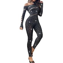 Sexy Club Outfits for Women Rhinestone Jumpsuit Off Shoulder Jumpsuits Long Sleeve Bodycon Romper Clubwear Rave Party