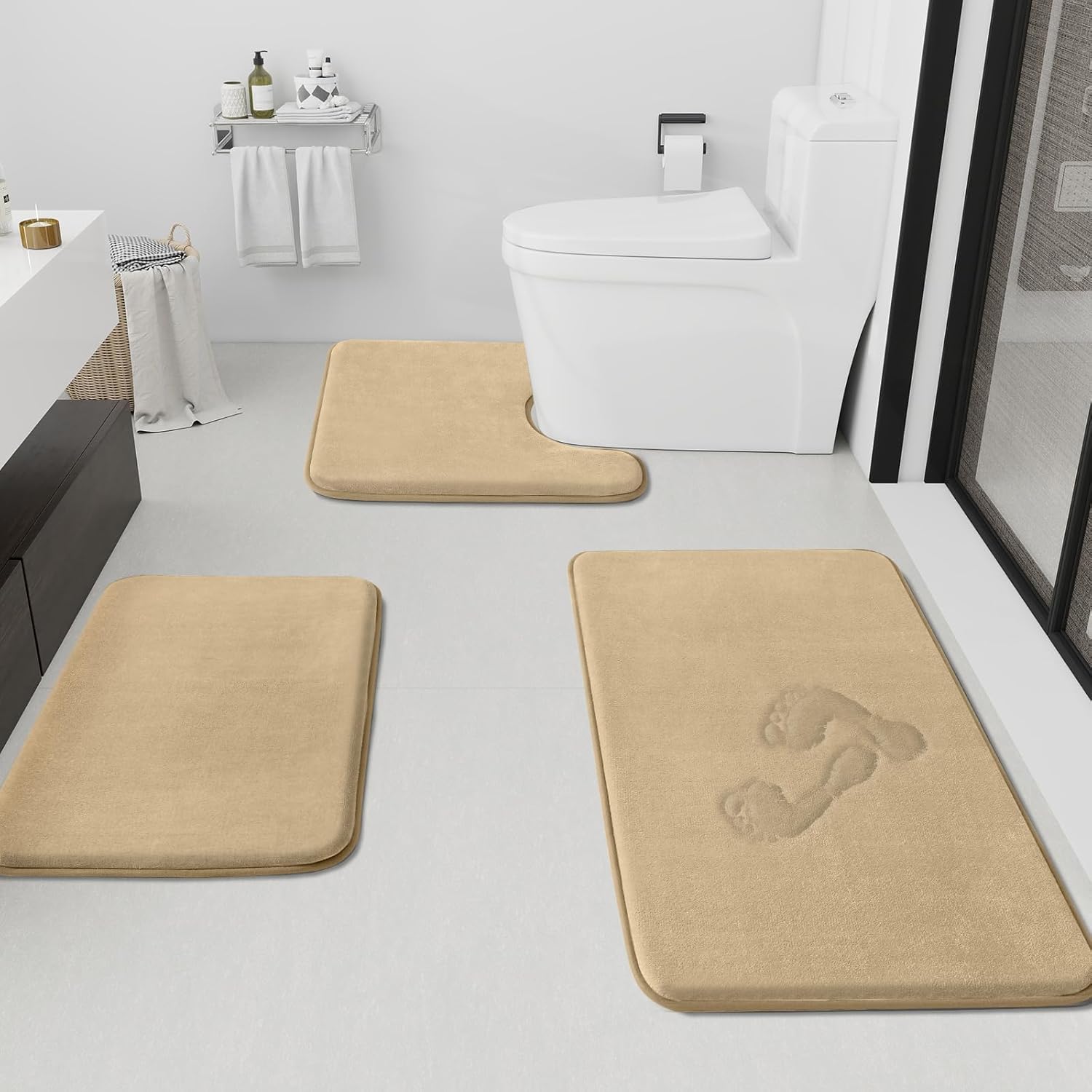 HUXMEYSON Bathroom Rugs Sets 3 Piece, Non-Slip & Quick Dry Bath Mat Set, Ultra Soft Velvet Bath Rugs for Bathroom, Toilet and Shower Floor, Khaki