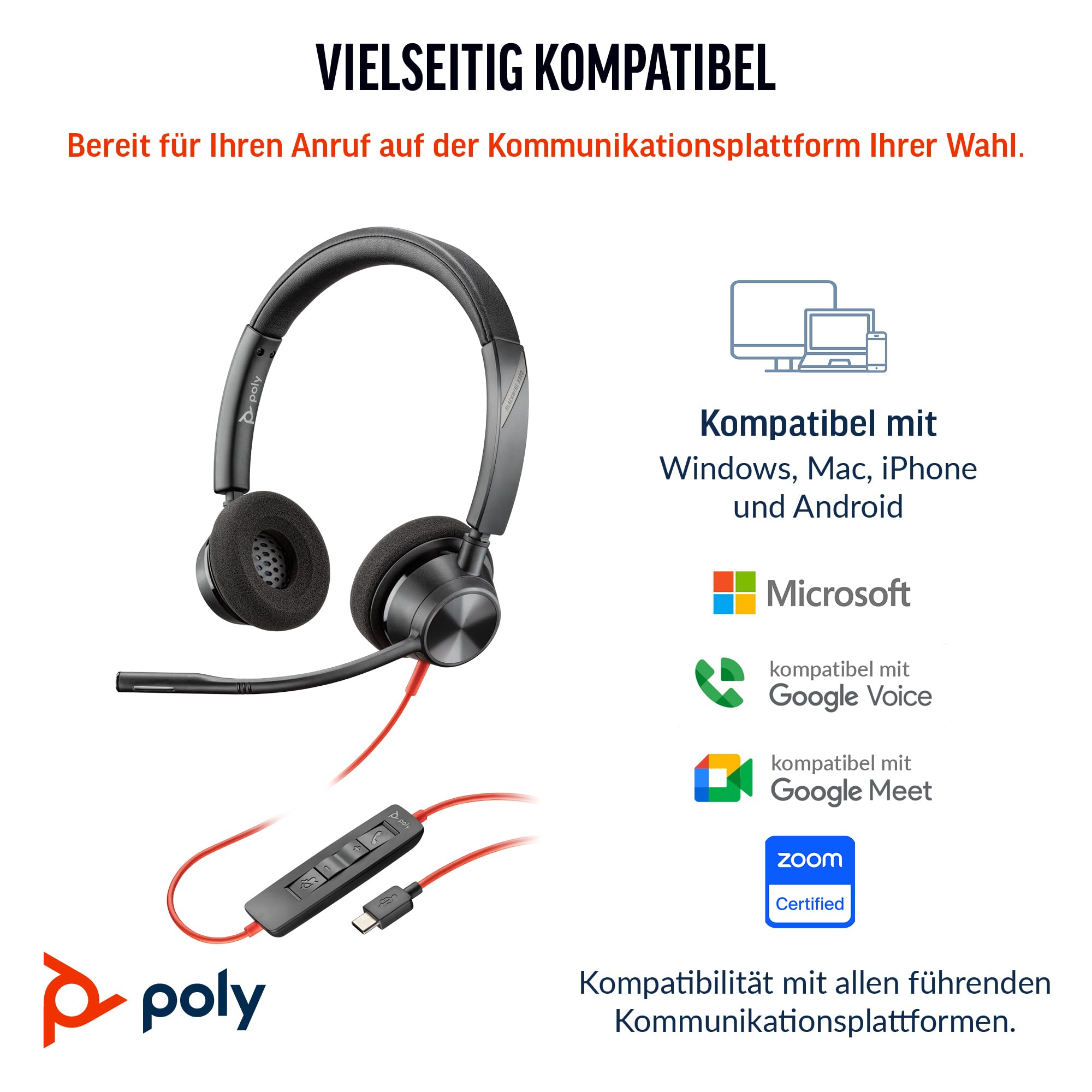 POLY Blackwire 3320 Auriculares Estéreo USB-C Negros + Adaptador de USB-C a USB-A