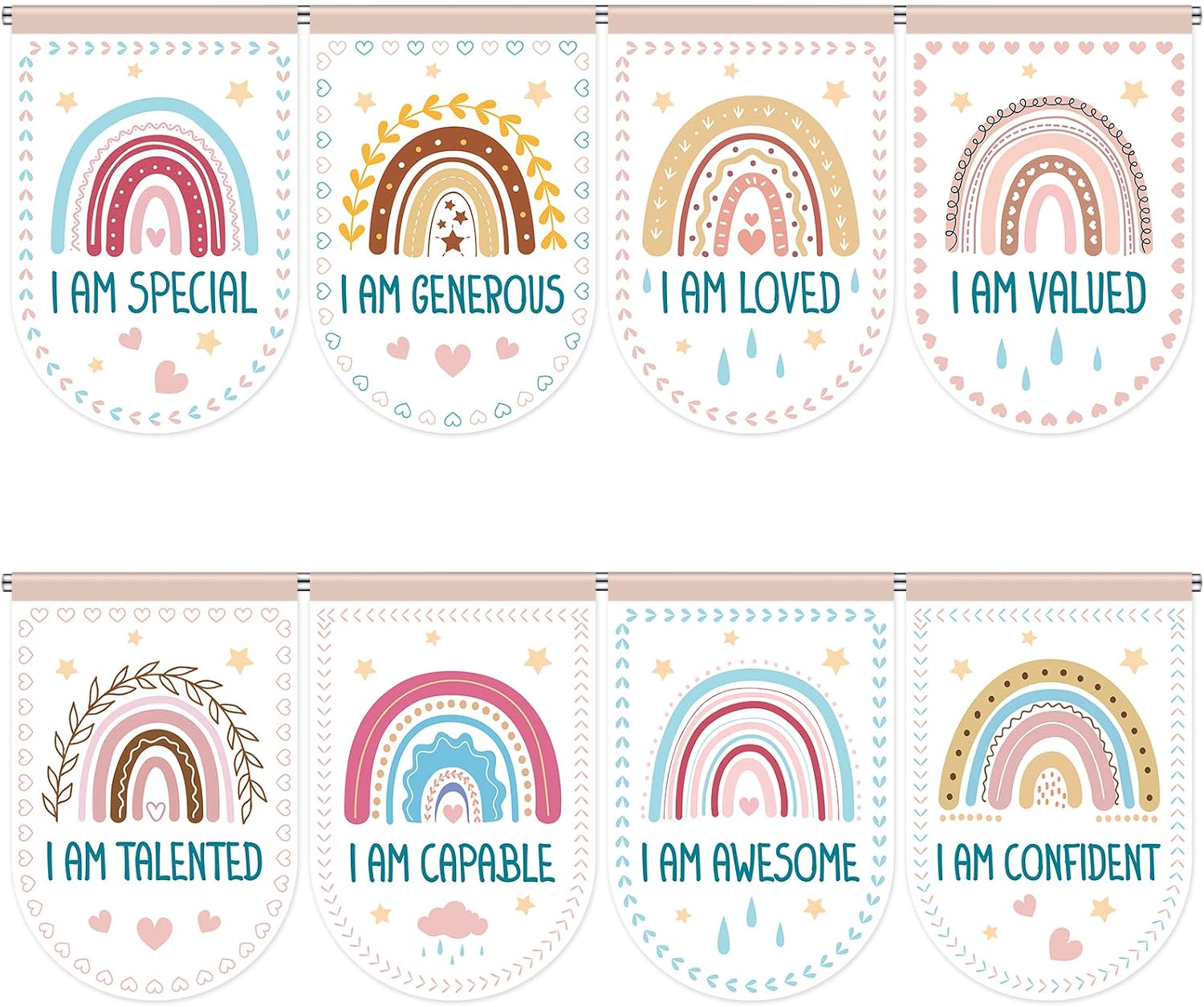 Wiooffen 8Pcs School Classroom Curtains Boho Rainbow Positive Curtain Back to School Classroom Decoration Inspirational Valance Curtains for Window Daycare Primary Bedroom Playroom Room Decor