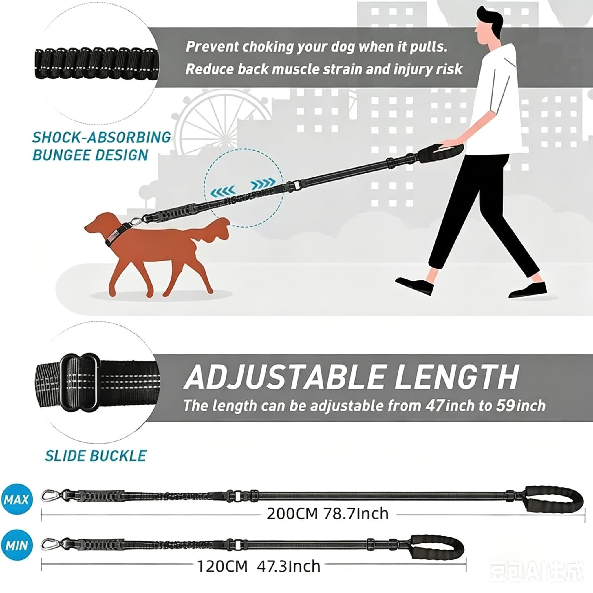 Lot de 2 laisses robustes anti-traction avec élastique absorbant les chocs pour grands chiens jusqu'à 50 kg, 1,8 m anti-enchevêtrement