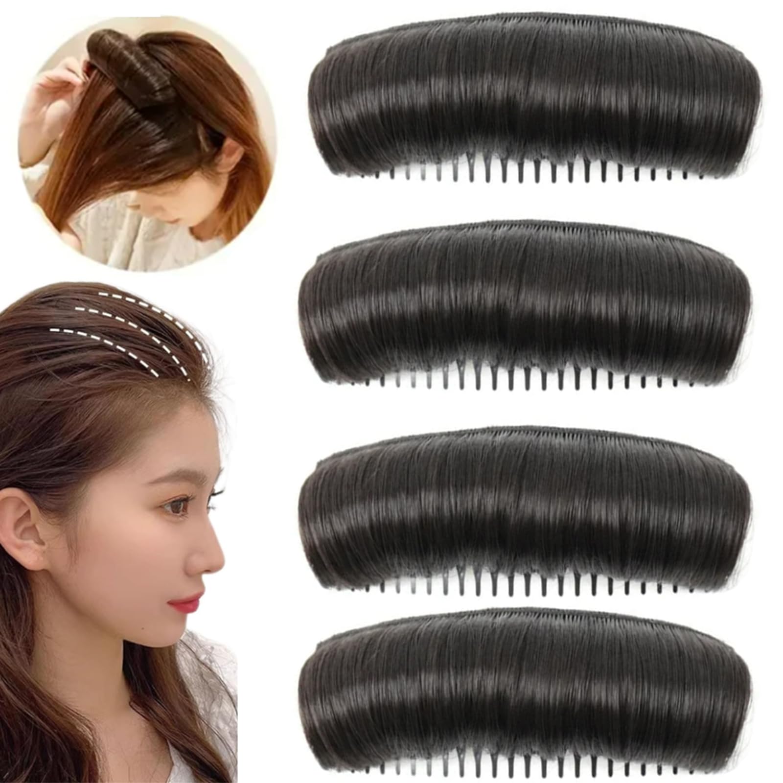 Generic Invisible Fluffy Hair Pad, 4 Pcs Fluffy Natural Hair Bun Invisible False Hair Clip Bump It up Volume Hair Base Fluffy Hair Pad Styling Insert Tool (Natural Black*4)