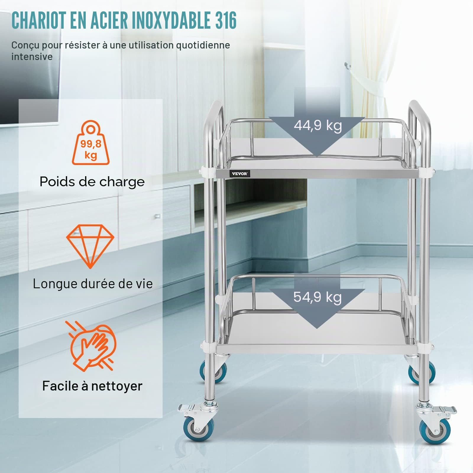 VEVOR Chariot de Laboratoire à 2 Étages, Service Médical 50*40*85 cm, Servante d'Atelier en Acier Inoxydable, Outil de Montage pour Hôtel, Salon, Beauté