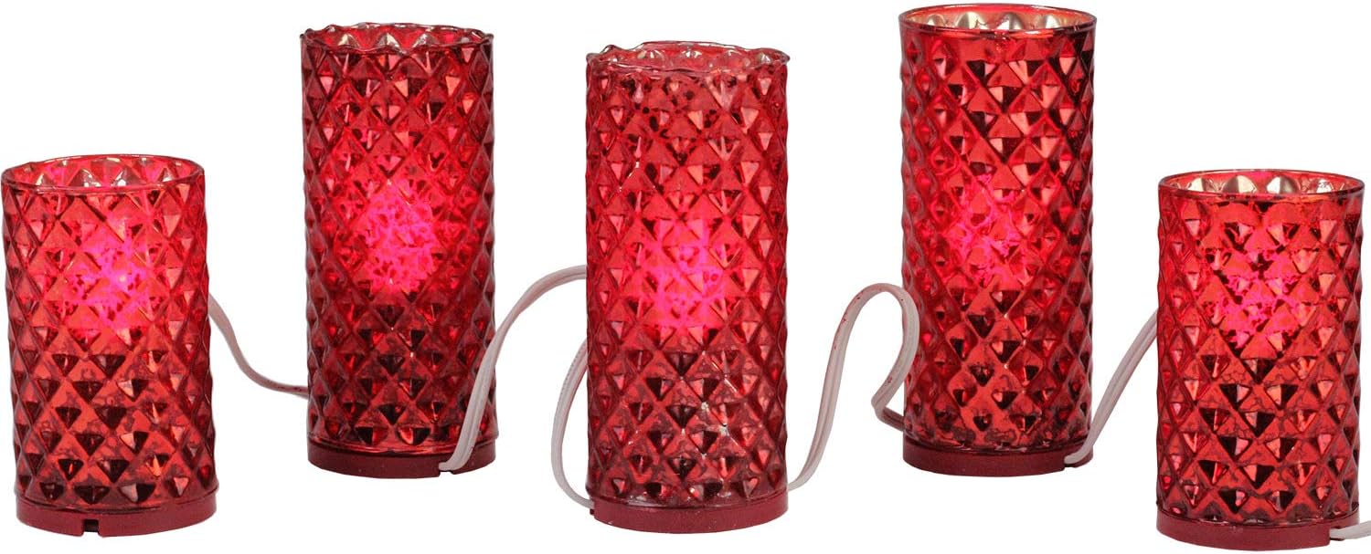 Featured Product 5-Count Red Diamond Faceted Flameless Pillar Candle Christmas Light Set, 3.1ft White Wire