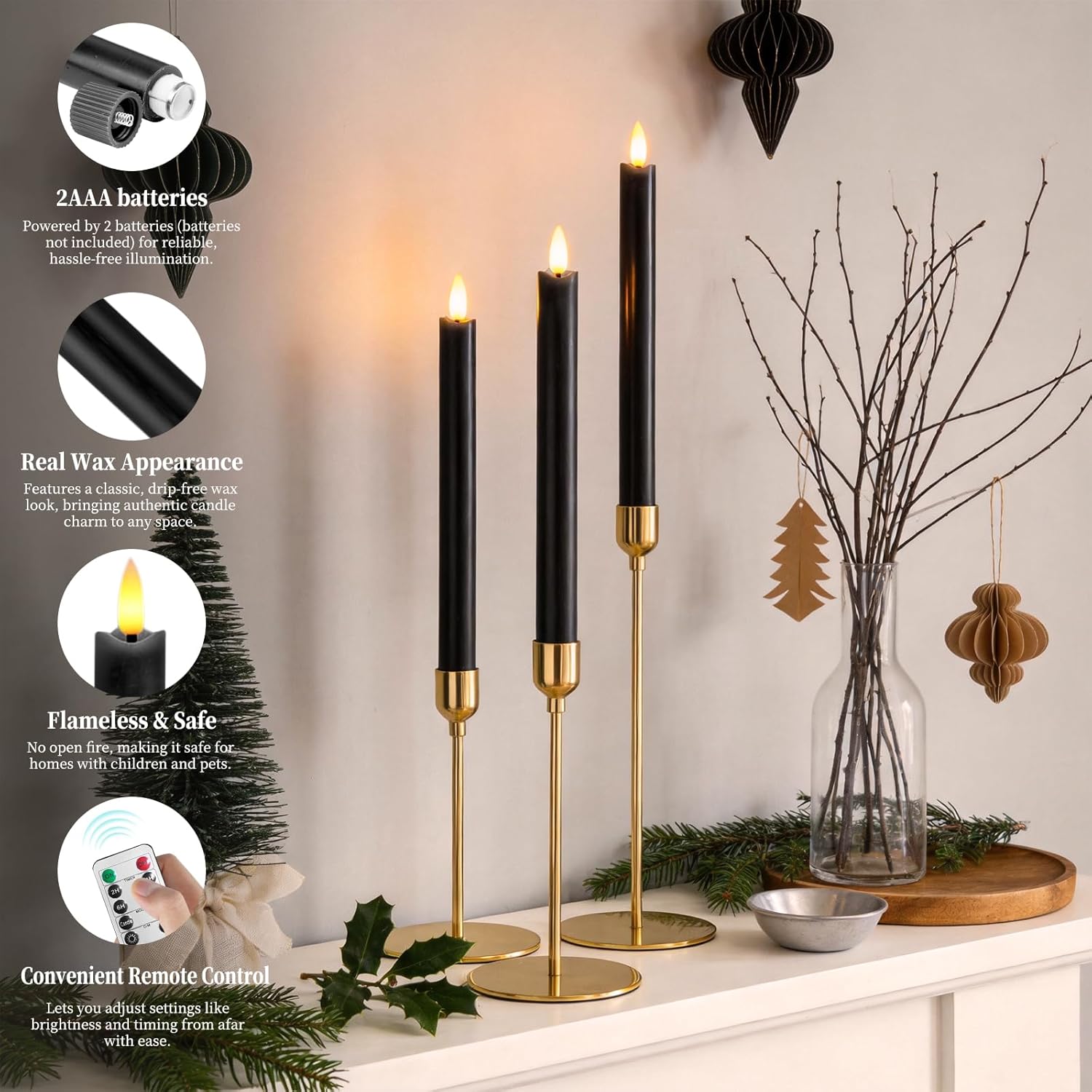6 Set LED Candles, Indoor & Outdoor Candles with 10-Key Remote Timer Control, Flameless, Real Wax, Decoration for Christmas, Birthday, Wedding, Party, Black