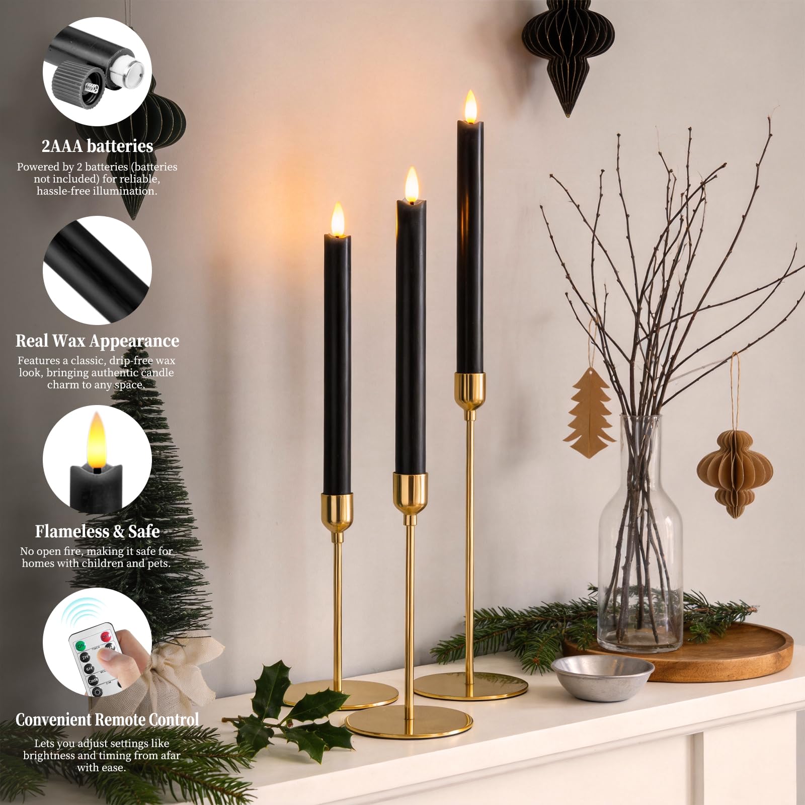 Set di 6 candele LED con telecomando a 10 pulsanti, senza fiamma, in vera cera, decorazione per Natale, compleanno, matrimonio e festa, Nero