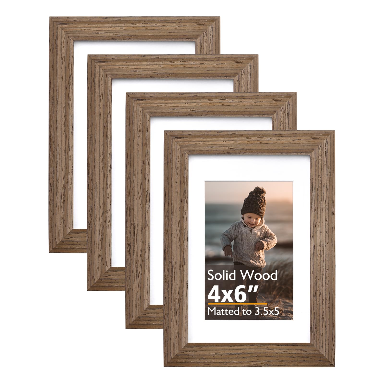 Photo 1 of KINLINK 4x6 Frame Brown Wood, Solid Wood 4 x 6 Picture Frame with Acrylic Plexiglass for 3.5x5 with Mat, Tabletop and Wall Display Photo Frames 4x6 Brown Wood, 4 Pack