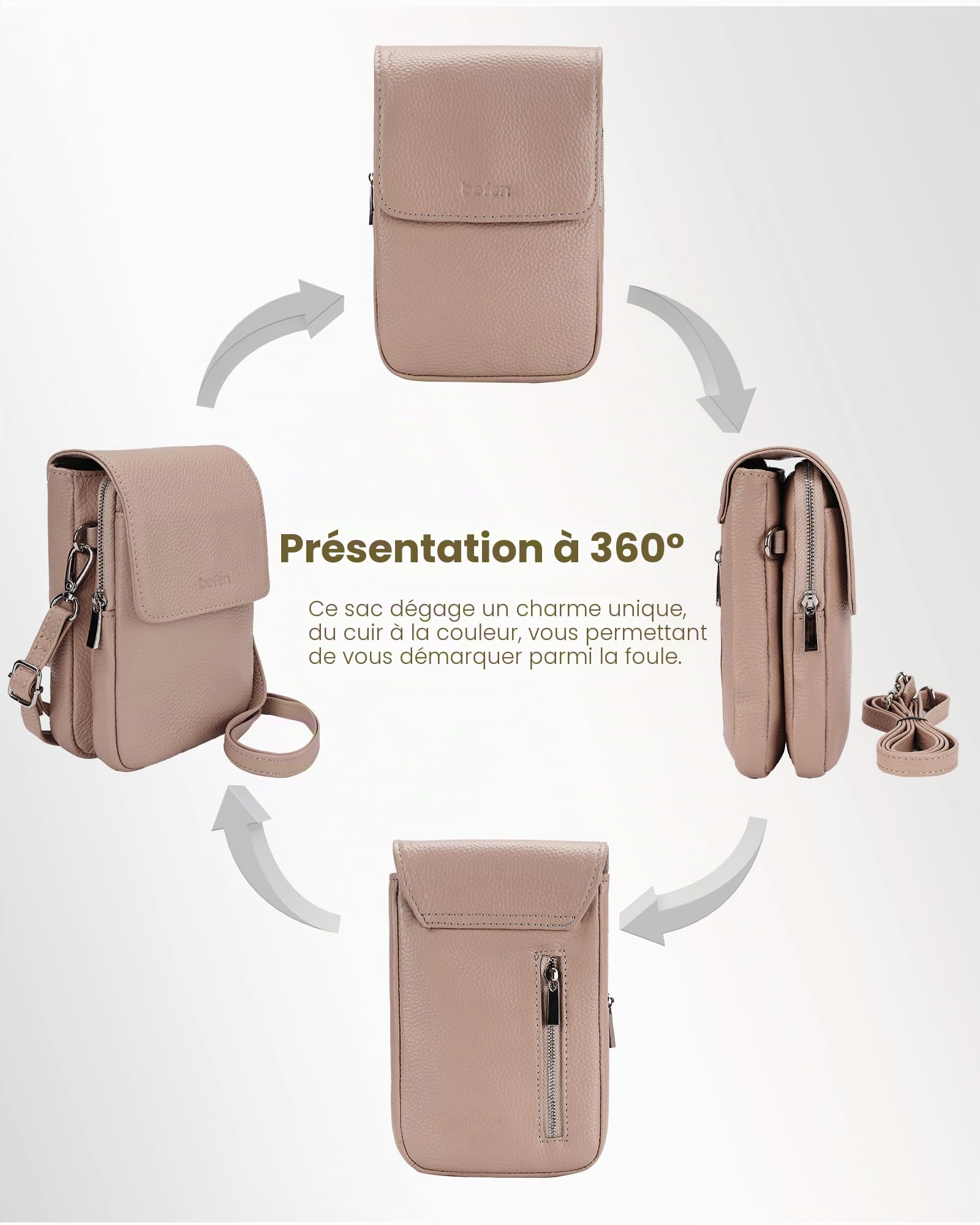 befen Sacs à Bandoulière en Cuir Véritable de Blocage RFID pour Femme, Petit Sac à Bandoulière pour Téléphone Portable, Besace Sacoche Messenger Téléphone Portable avec Bandoulière Réglable